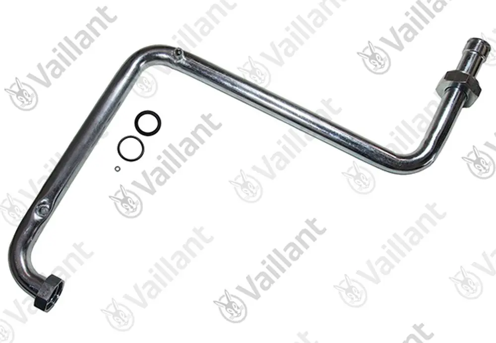 Vaillant Rohr mit gebogenem Verlauf und zwei Dichtungsringen. Das Material ist metallisch und glänzend verarbeitet.
